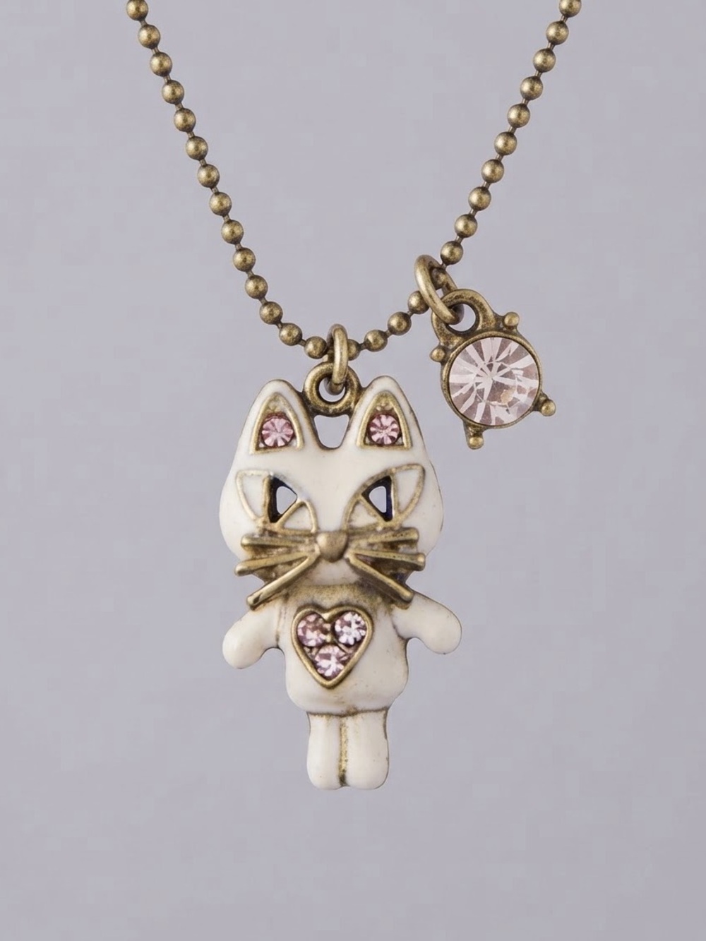 Betsey Johnson White Enamel Kitty Cat Rhinestone Pendant Necklace